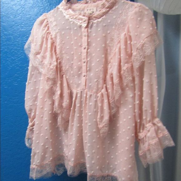 Swiss dot pink ruffle blouse with front buttons and lace detail - Picture 13 of 13